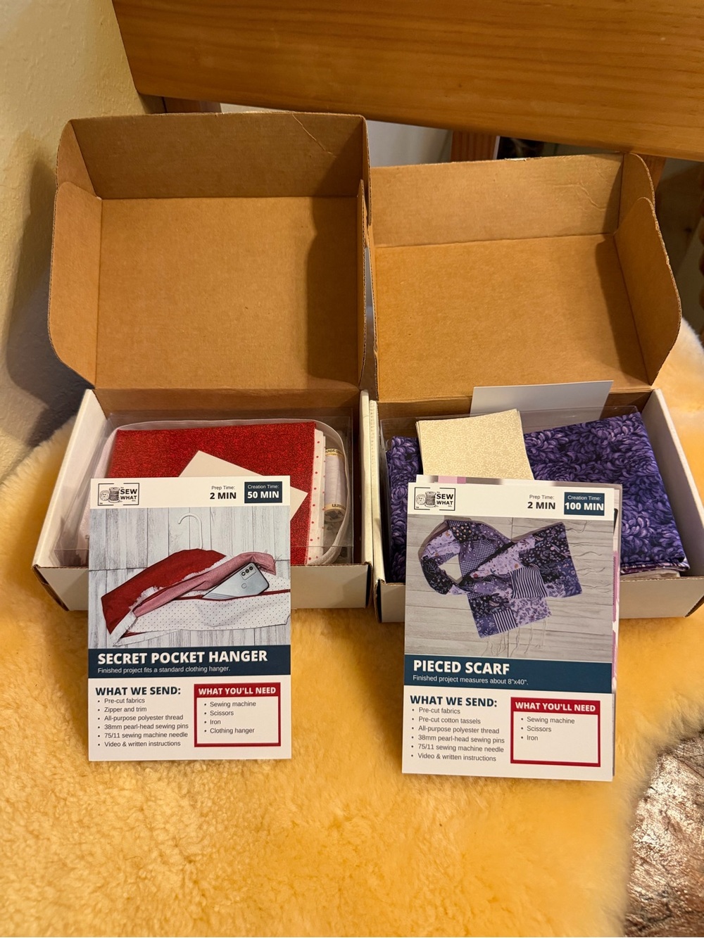 Sew What Box -two beginner sewing kits -Secret Pocket Hanger & Pieced Scarf Kits